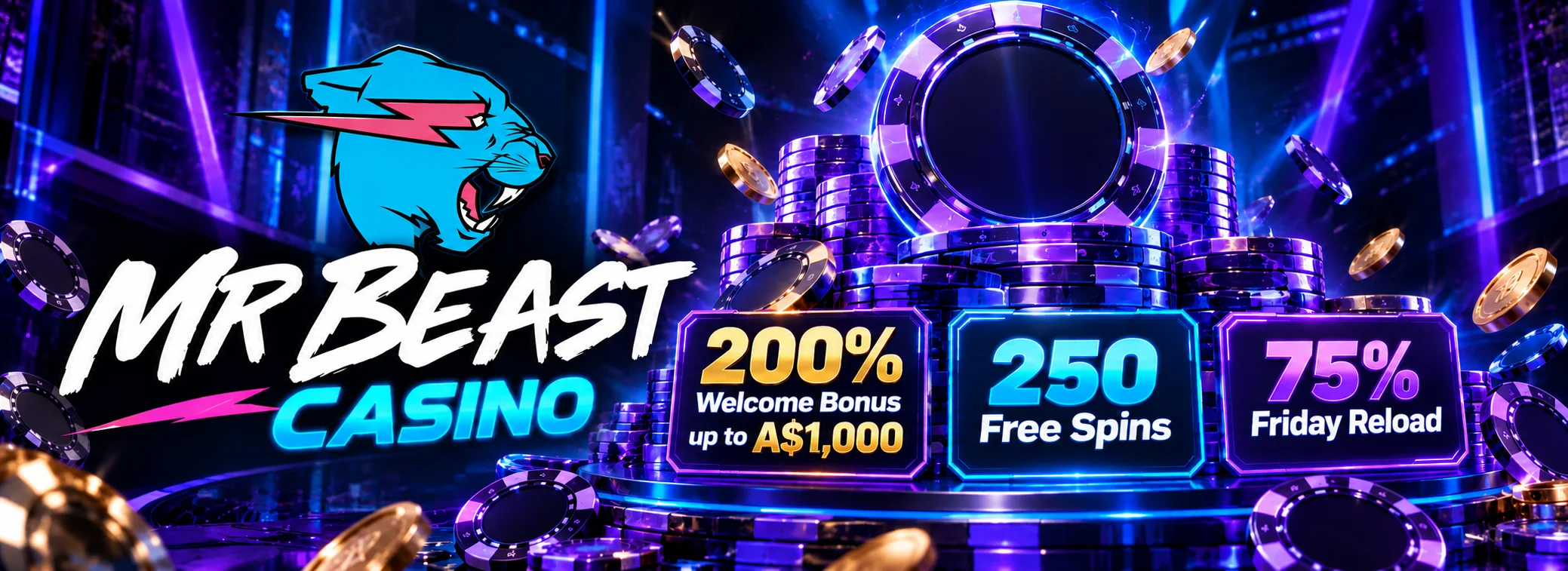 MrBeast Casino bonus banner: 200% up to A$1,000 plus 250 free spins on Gates of Olympus
