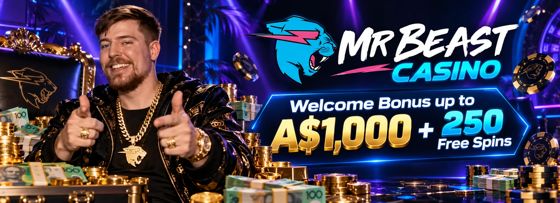 MrBeast Casino Australia welcome bonus banner: 200% up to A$1,000 and 250 free spins on Gates of Olympus
